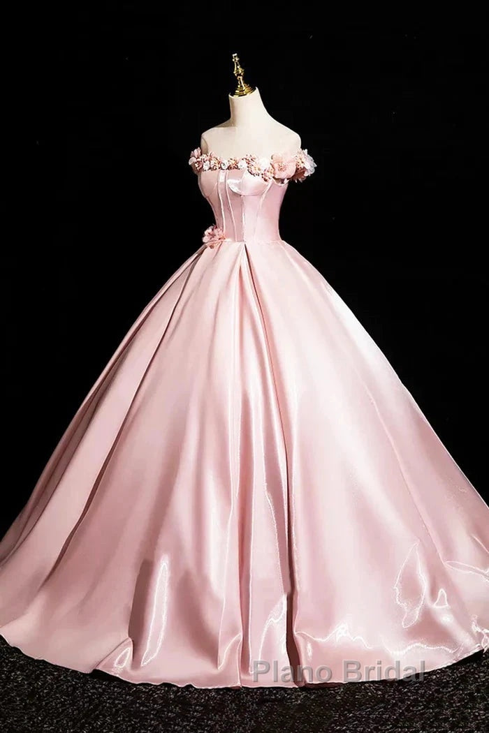 Pink A-Line Off Shoulder Satin Long Formal Prom Dresses, Beautiful A-Line Off The Shoulder Party Dresses Secondary image