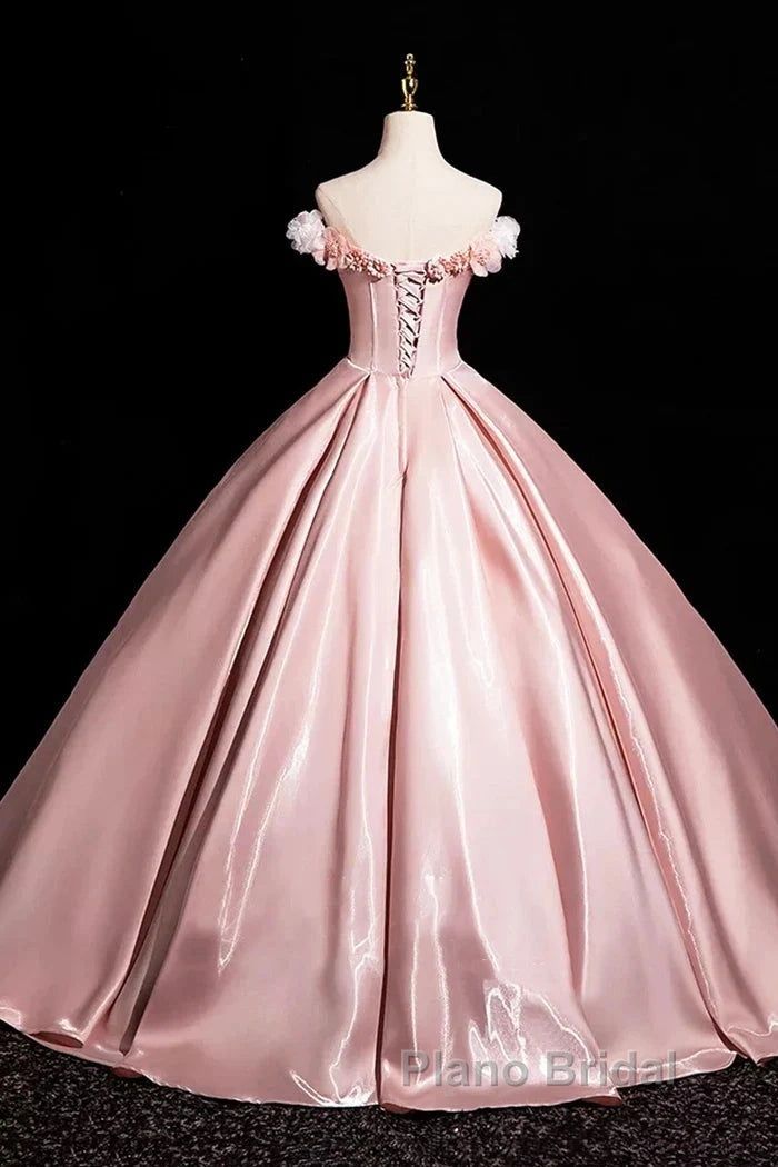 Pink A-Line Off Shoulder Satin Long Formal Prom Dresses, Beautiful A-Line Off The Shoulder Party Dresses