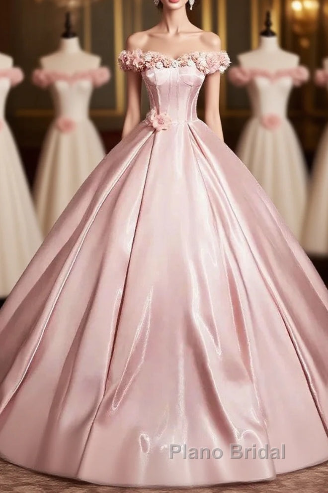Pink A-Line Off Shoulder Satin Long Formal Prom Dresses, Beautiful A-Line Off The Shoulder Party Dresses