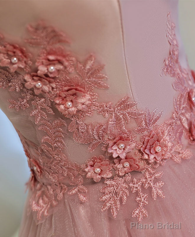 Pink A Line Off Shoulder Tea Length Prom Dress, Lace Homecoming Dresses Secondary image