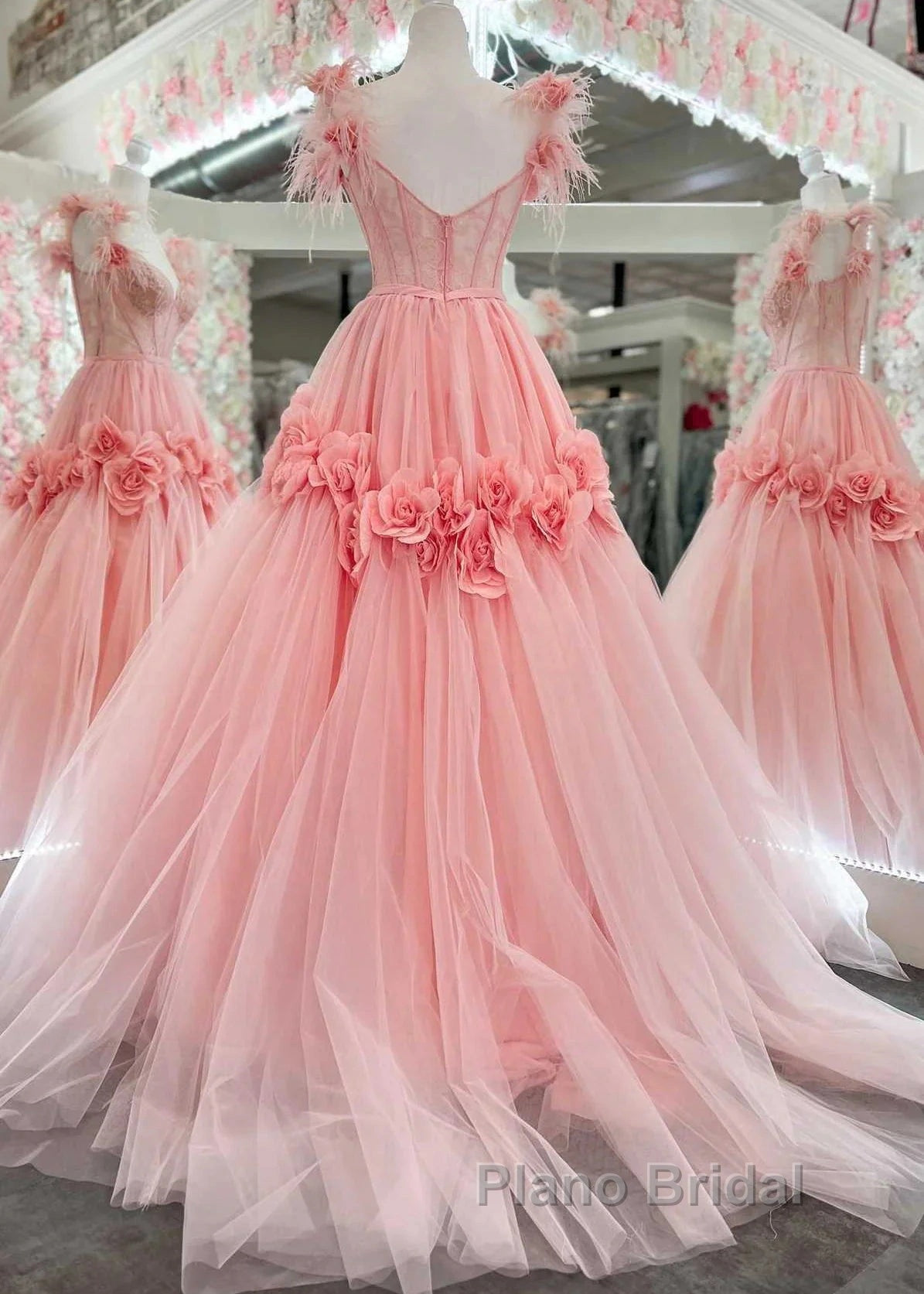 Pink A-Line Off The Shoulder Lace Tulle Long Formal Prom Dresses, Sweet 16 Dresses Secondary image