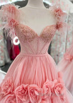 Pink A-Line Off The Shoulder Lace Tulle Long Formal Prom Dresses, Sweet 16 Dresses
