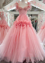 Pink A-Line Off The Shoulder Lace Tulle Long Formal Prom Dresses, Sweet 16 Dresses