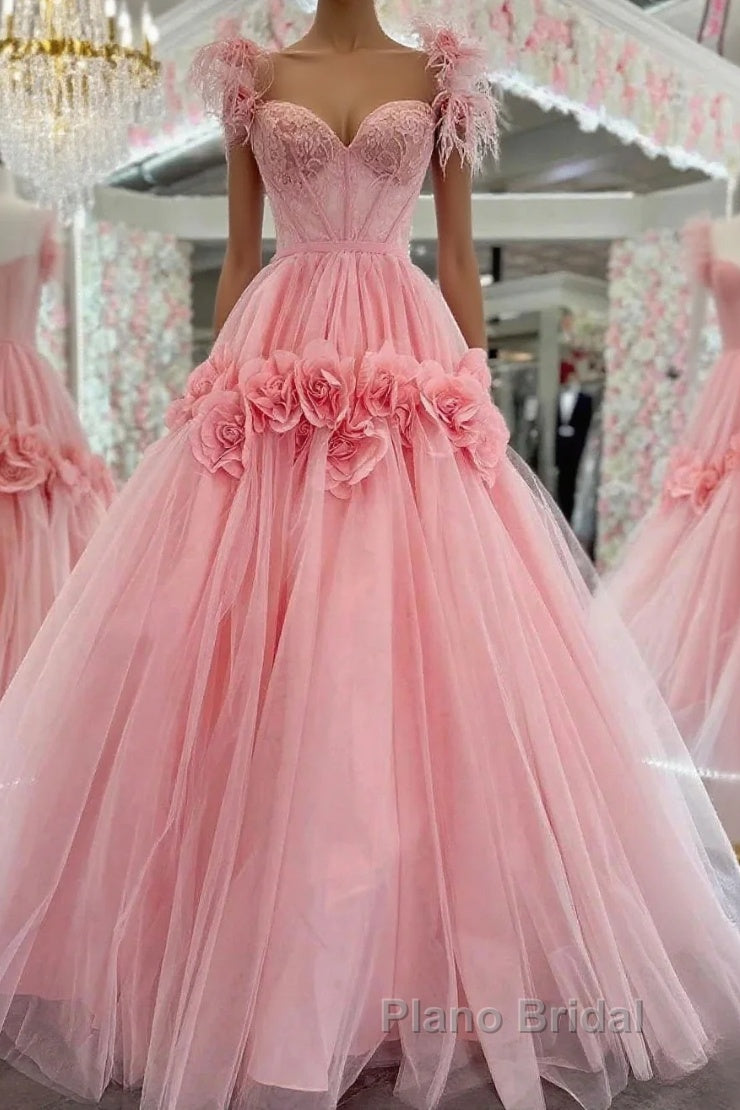 Pink A-Line Off The Shoulder Lace Tulle Long Formal Prom Dresses, Sweet 16 Dresses Main image