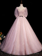 Pink A Line Puffy Sleeves Tulle Long Prom Dress, Pink Sweet 16 Dress