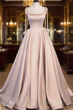Pink A Line Satin Long Formal Prom Dresses Formal Dresses