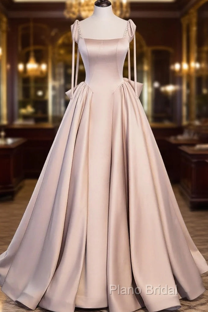 Pink A Line Satin Long Formal Prom Dresses Formal Dresses