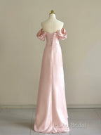 Pink A-Line Satin Long Formal Prom Dresses, Off Shoulder Pink Long Formal Dresses