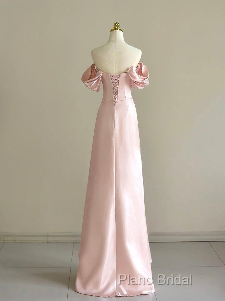 Pink A-Line Satin Long Formal Prom Dresses, Off Shoulder Pink Long Formal Dresses