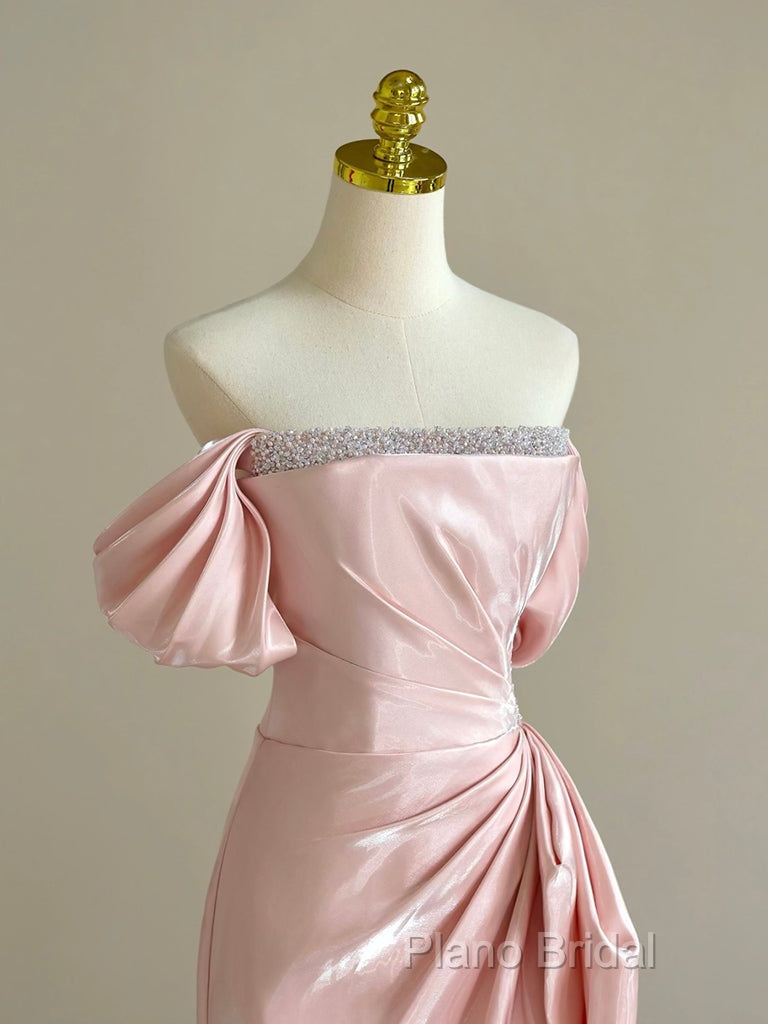 Pink A-Line Satin Long Formal Prom Dresses, Off Shoulder Pink Long Formal Dresses