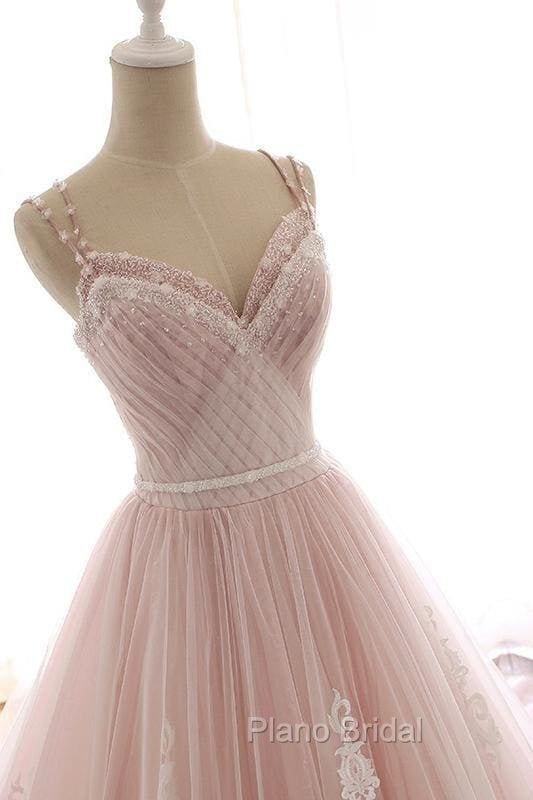 Pink A Line Spaghetti Strap Tulle Beaded Long Formal Prom Dresses Sweet Applique Wedding Dresses Secondary image