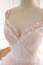 Pink A Line Spaghetti Strap Tulle Beaded Long Formal Prom Dresses Sweet Applique Wedding Dresses
