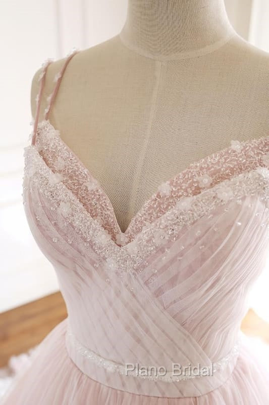 Pink A Line Spaghetti Strap Tulle Beaded Long Formal Prom Dresses Sweet Applique Wedding Dresses