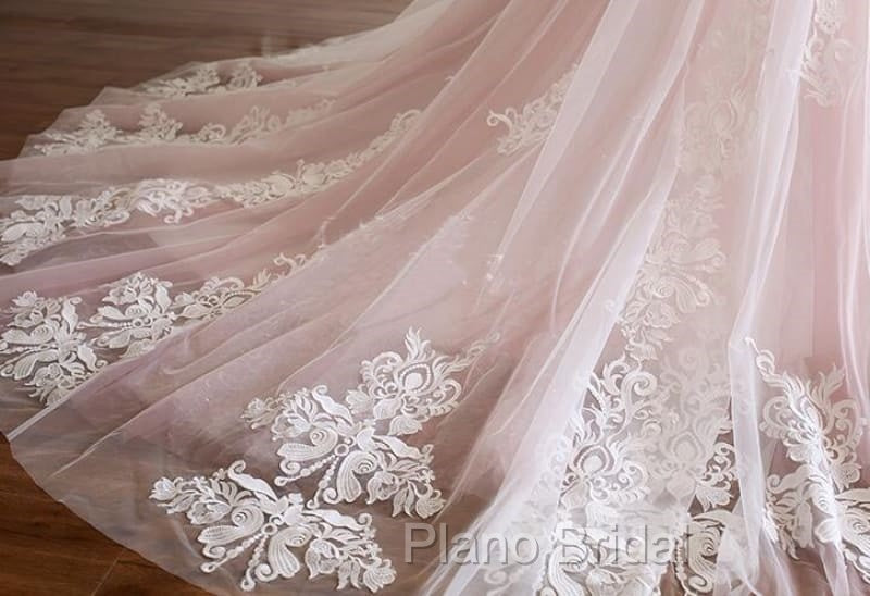 Pink A Line Spaghetti Strap Tulle Beaded Long Formal Prom Dresses Sweet Applique Wedding Dresses