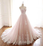 Pink A Line Spaghetti Strap Tulle Beaded Long Formal Prom Dresses Sweet Applique Wedding Dresses
