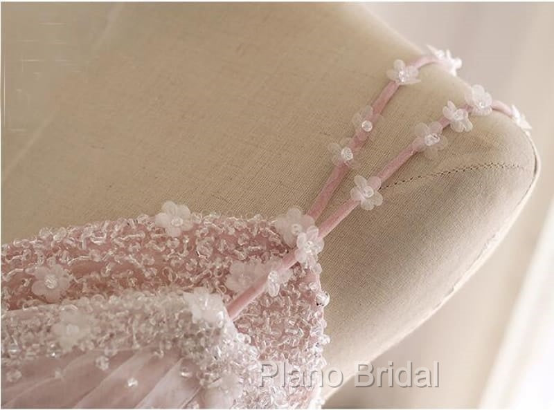 Pink A Line Spaghetti Strap Tulle Beaded Long Formal Prom Dresses Sweet Applique Wedding Dresses