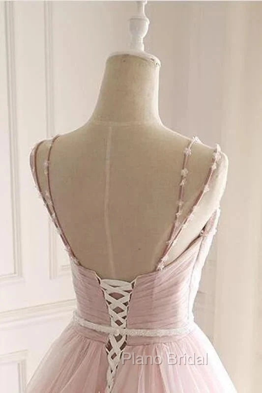 Pink A Line Spaghetti Strap Tulle Beaded Long Formal Prom Dresses Sweet Applique Wedding Dresses
