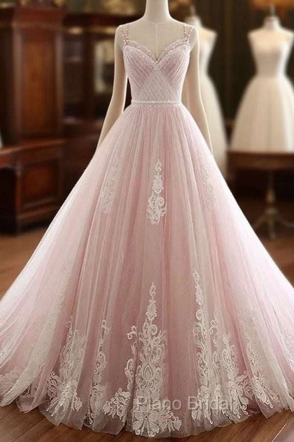 Pink A Line Spaghetti Strap Tulle Beaded Long Formal Prom Dresses Sweet Applique Wedding Dresses Main image