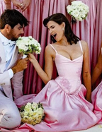 Pink A Line Spaghetti Straps Appliques Satin Long Formal Prom Dresses Formal Evening Dresses