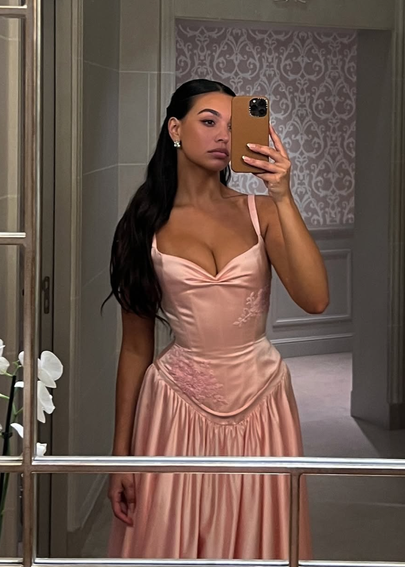 Pink A Line Spaghetti Straps Appliques Satin Long Formal Prom Dresses Formal Evening Dresses