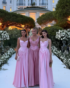 Pink A Line Spaghetti Straps Appliques Satin Long Formal Prom Dresses Formal Evening Dresses