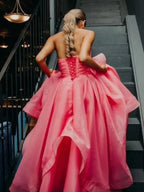 Pink A Line Strapless Organza Prom Dres