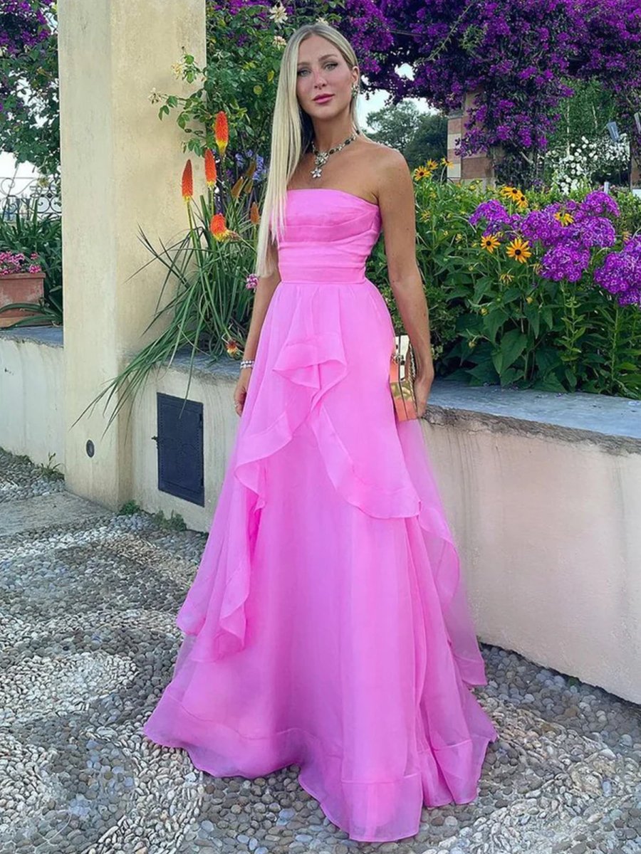 Pink A Line Strapless Organza Prom Dres