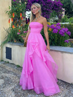 Pink A Line Strapless Organza Prom Dres