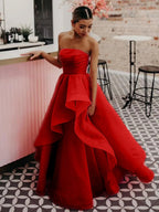 Pink A Line Strapless Organza Prom Dres
