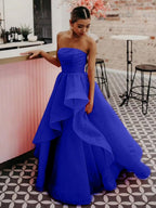 Pink A Line Strapless Organza Prom Dres