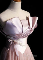 Pink A-Line Strapless Satin Tulle Long Formal Prom Dresses Graduation Formal Prom Birthday Dresses