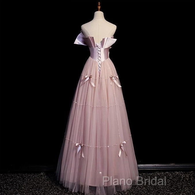 Pink A-Line Strapless Satin Tulle Long Formal Prom Dresses Graduation Formal Prom Birthday Dresses