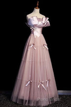 Pink A-Line Strapless Satin Tulle Long Formal Prom Dresses Graduation Formal Prom Birthday Dresses
