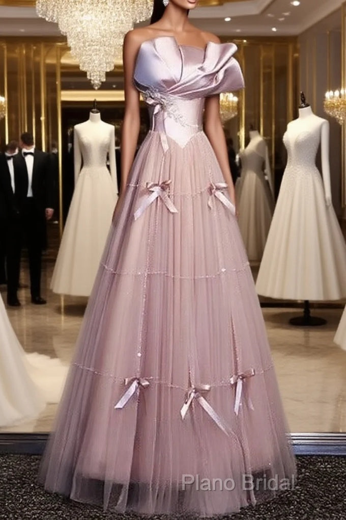 Pink A-Line Strapless Satin Tulle Long Formal Prom Dresses Graduation Formal Prom Birthday Dresses Main image