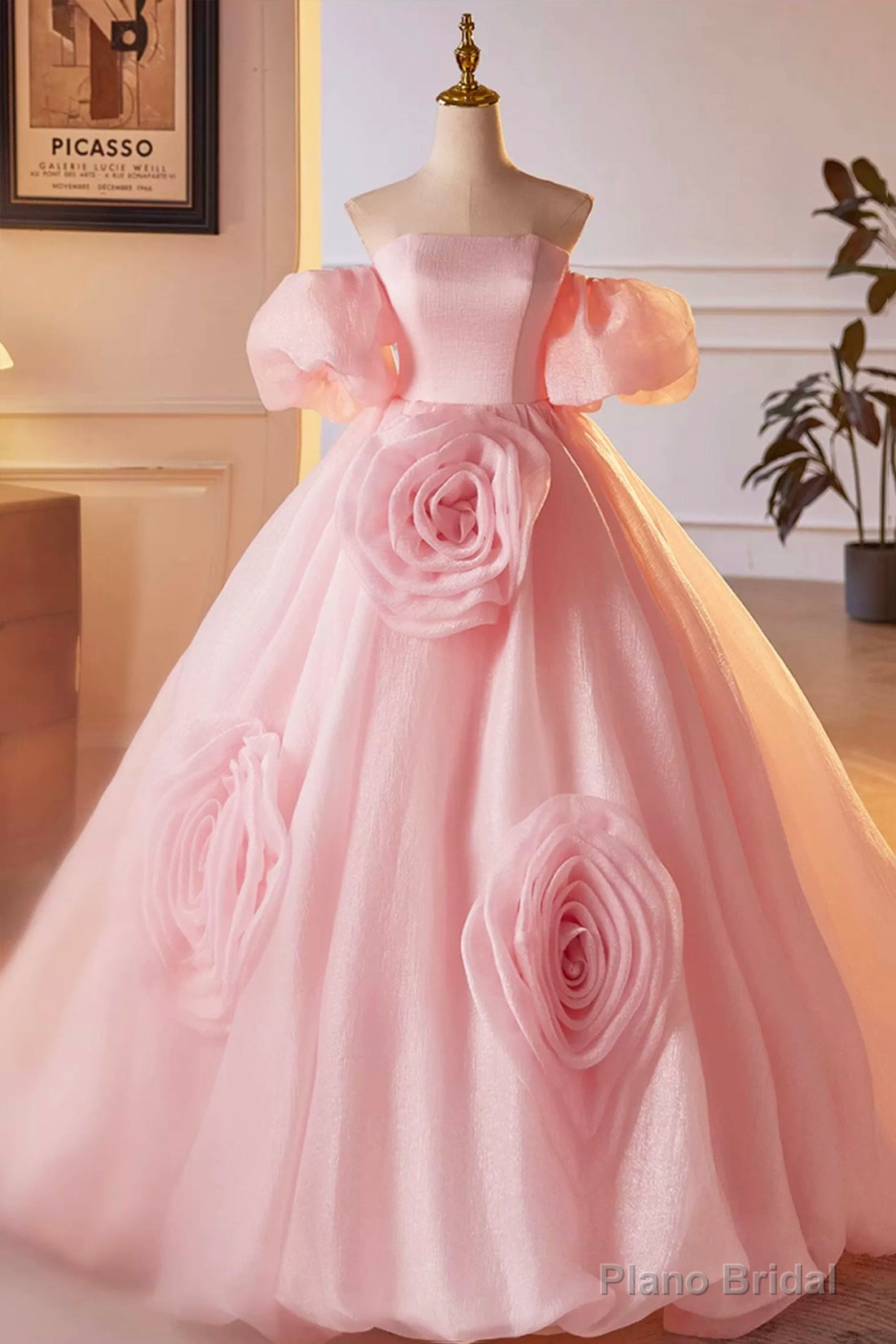 Pink A-Line Sweetheart Ball Gown Formal Dress with Flowers, Off the Shoulder Evening Party Dress Secondary image