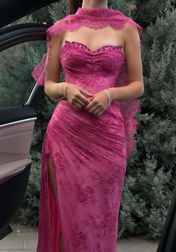 Pink A Line Sweetheart Neck Beaded Lace Formal Prom Dresses Formal Evening Dresses With Slit Secondary image