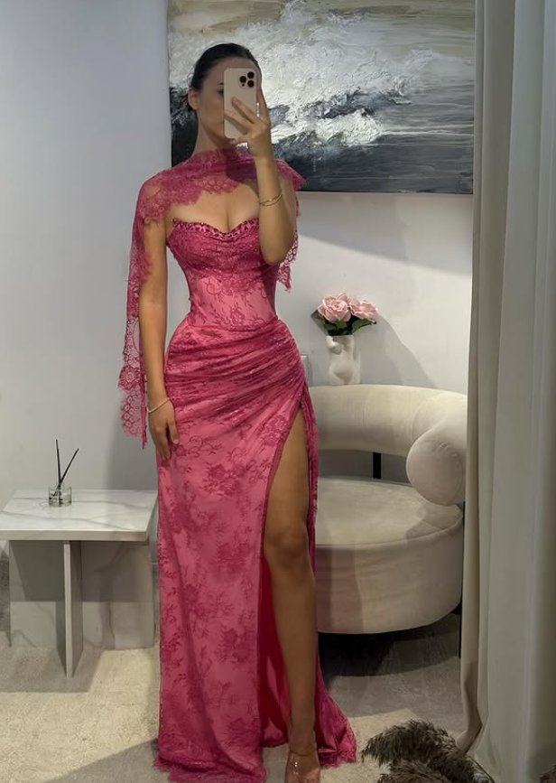 Pink A Line Sweetheart Neck Beaded Lace Formal Prom Dresses Formal Evening Dresses With Slit