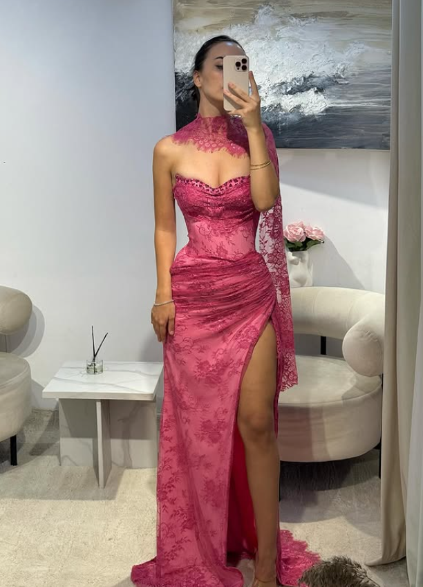 Pink A Line Sweetheart Neck Beaded Lace Formal Prom Dresses Formal Evening Dresses With Slit