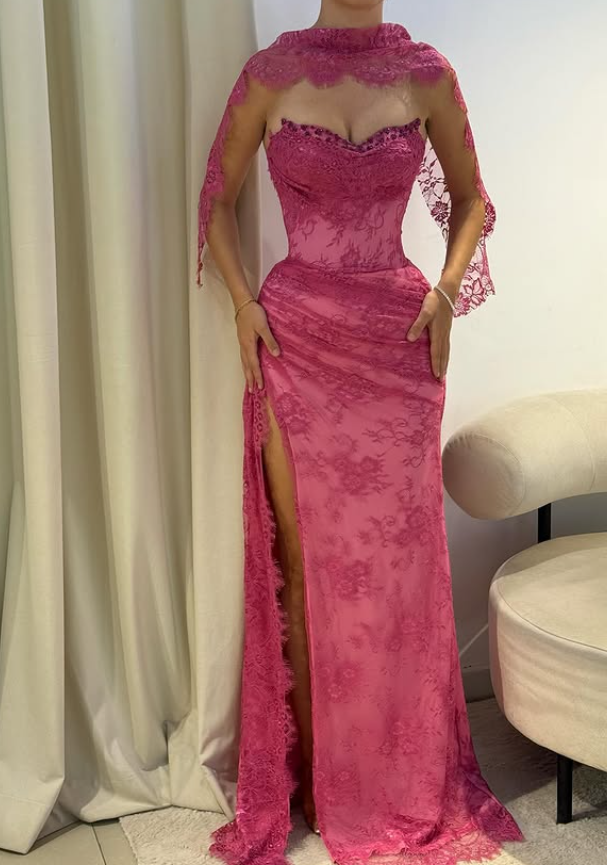 Pink A Line Sweetheart Neck Beaded Lace Formal Prom Dresses Formal Evening Dresses With Slit