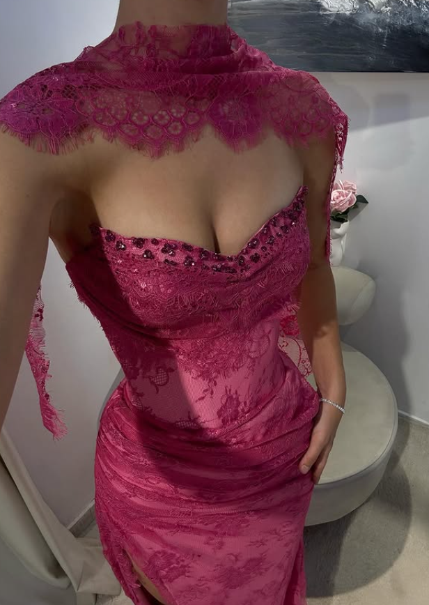 Pink A Line Sweetheart Neck Beaded Lace Formal Prom Dresses Formal Evening Dresses With Slit