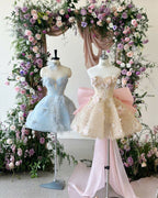Pink A Line Sweetheart Neck Floral Sequin Tulle Homecoming Dresses With Bow