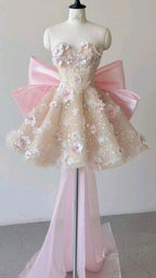 Pink A Line Sweetheart Neck Floral Sequin Tulle Homecoming Dresses With Bow