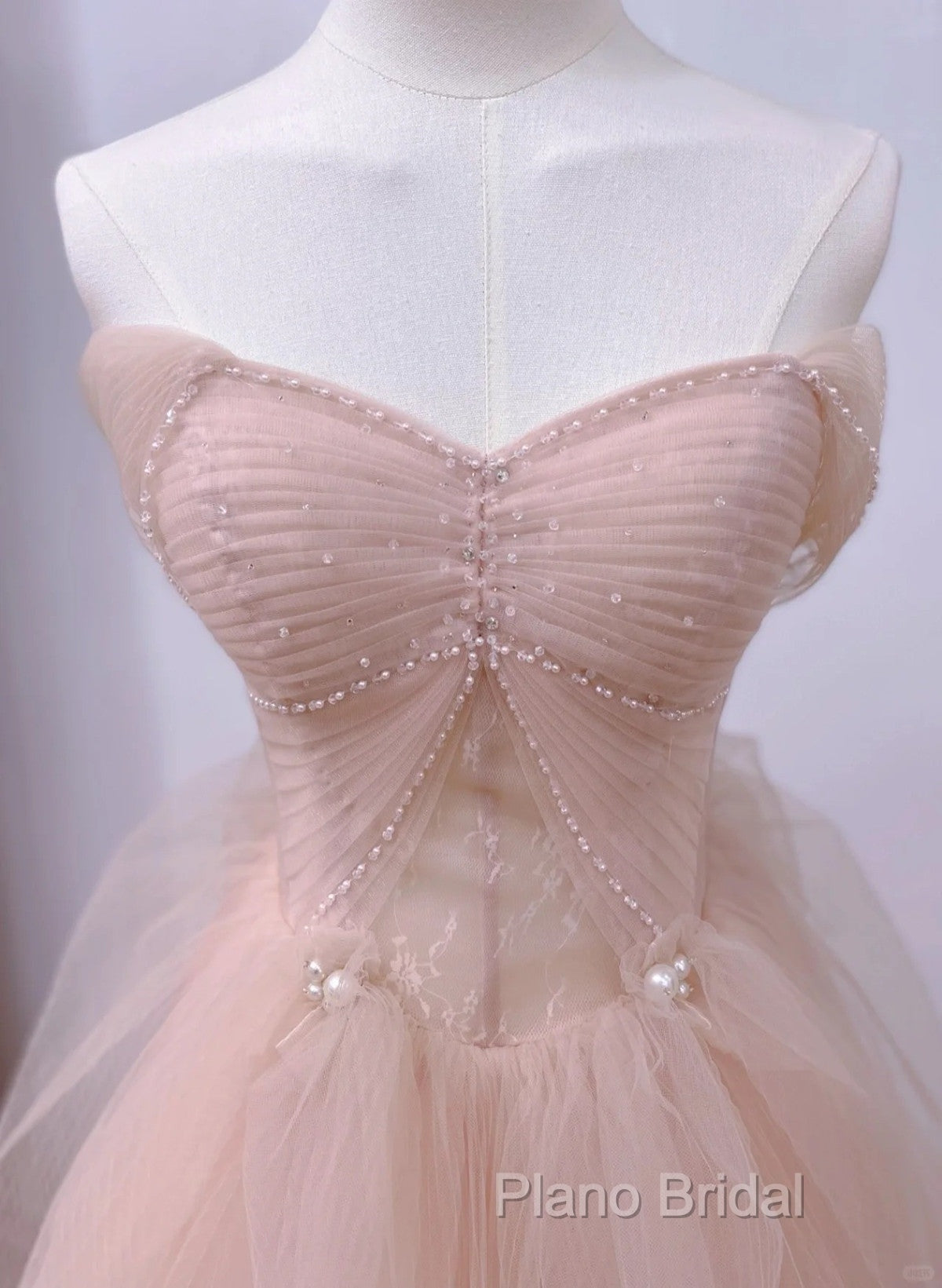 Pink A-Line Tulle Beaded Off Shoulder Long Party Dresses, Pink Tulle Formal Prom Dresses Secondary image