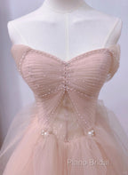 Pink A-Line Tulle Beaded Off Shoulder Long Party Dresses, Pink Tulle Formal Prom Dresses