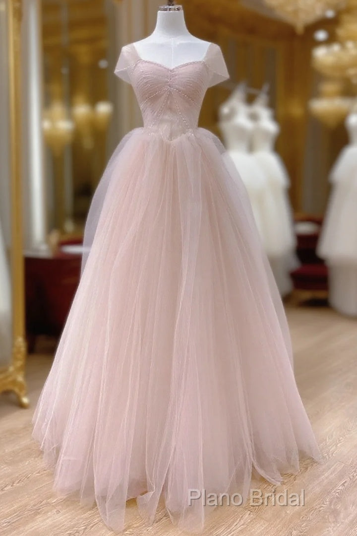 Pink A-Line Tulle Beaded Off Shoulder Long Party Dresses, Pink Tulle Formal Prom Dresses