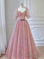 Pink A-line tulle lace long Formal Prom dress, pink lace formal dress
