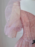 Pink A-line tulle lace long Formal Prom dress, pink lace formal dress