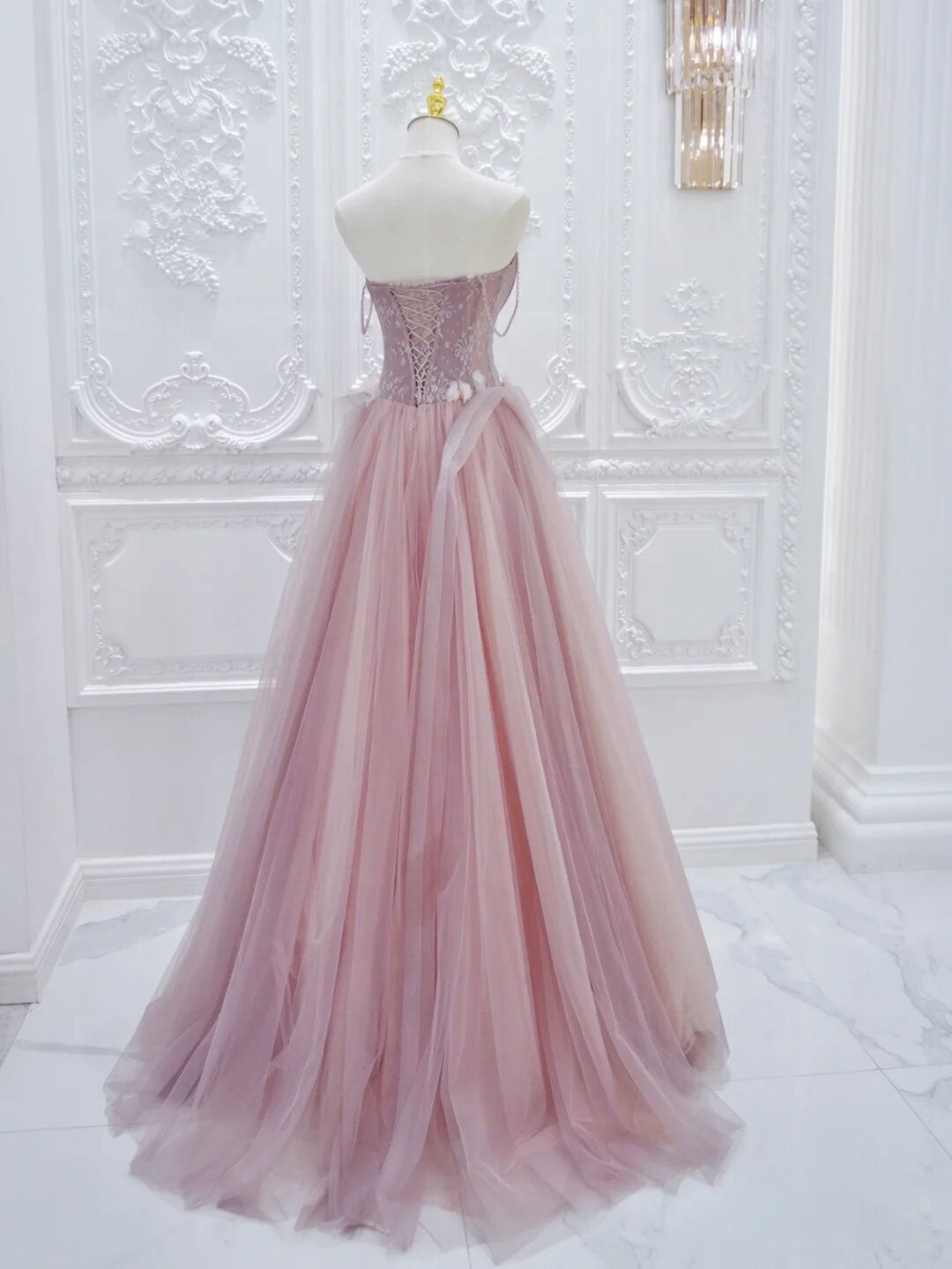 Pink A Line Tulle Lace Long Formal Prom Dresses, Pink Tulle Formal Dresses Secondary image