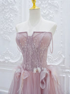 Pink A Line Tulle Lace Long Formal Prom Dresses, Pink Tulle Formal Dresses