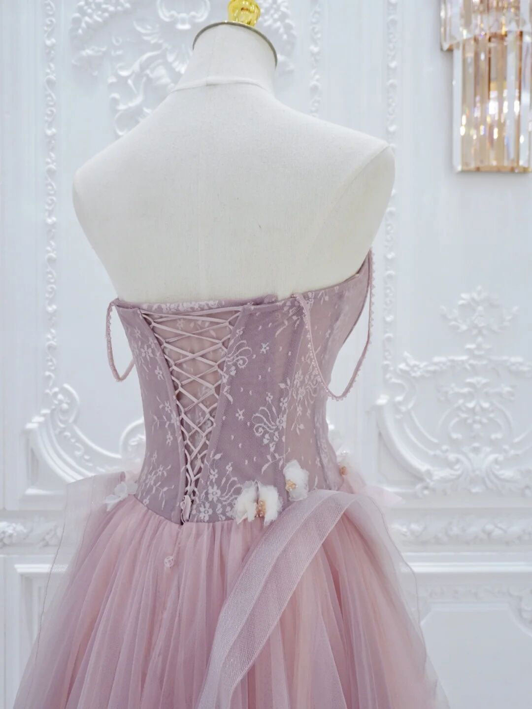 Pink A Line Tulle Lace Long Formal Prom Dresses, Pink Tulle Formal Dresses